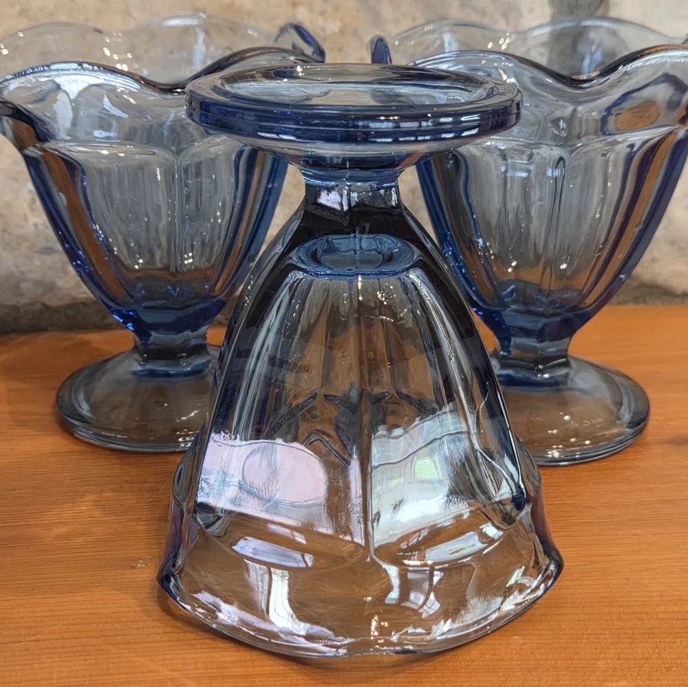 Lot of 3 Anchor Hocking Blue Sherbet Sundae Ice Cream Dessert Cups Dish Glasses